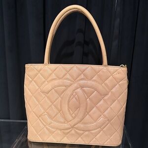 CHANEL Quilted CC Embossed Tote in Nude Blush (kinda apricot)